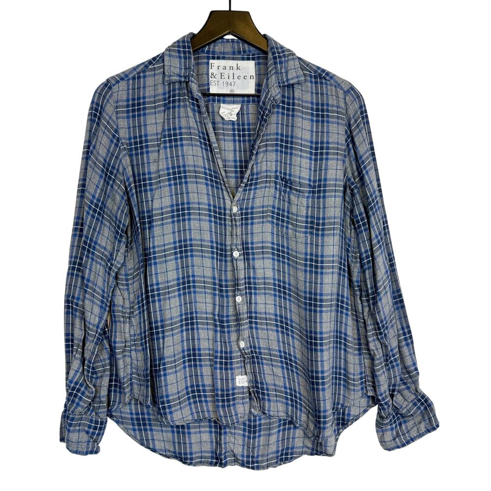 Frank & Eileen VNeck Button Up Shirt Gray Blue Plaid EILEEN Cotton - XS